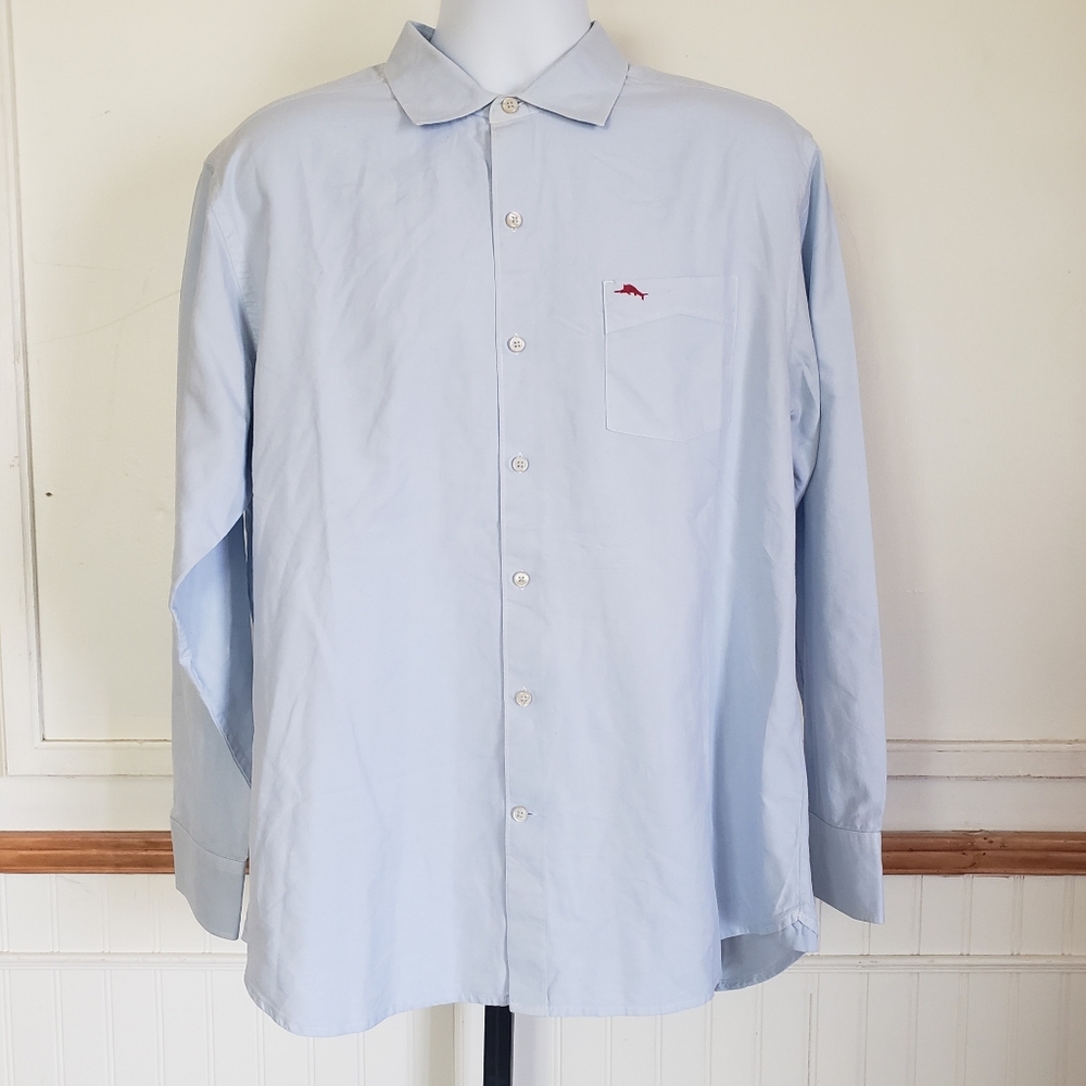 SOLD Tommy Bahama Mens Shirt Large Blue Long Slv Button Front Cotton Silk NEW - Picture 1 of 9